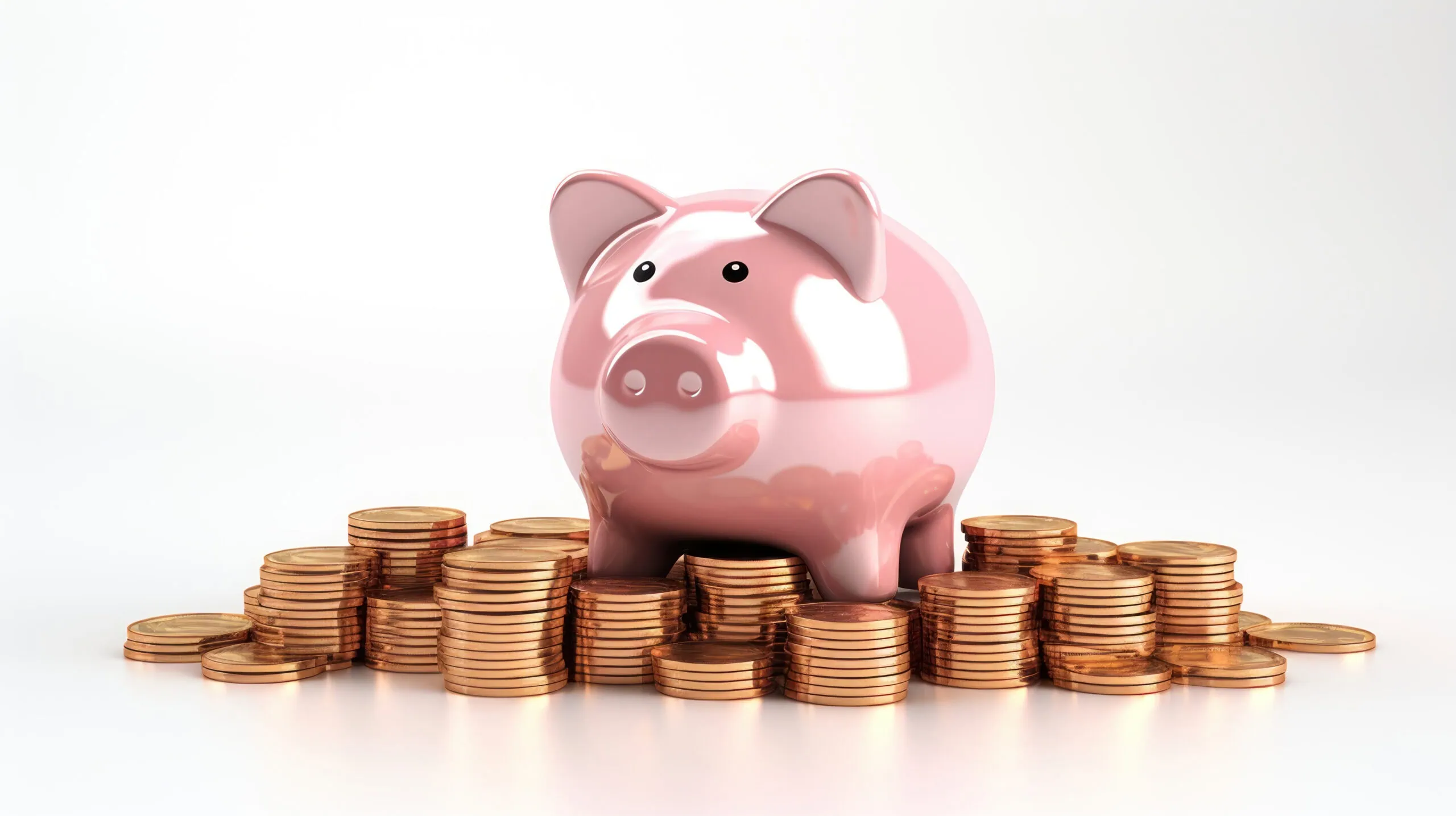 A piggy bank stands on stacked coins against a white backdrop.